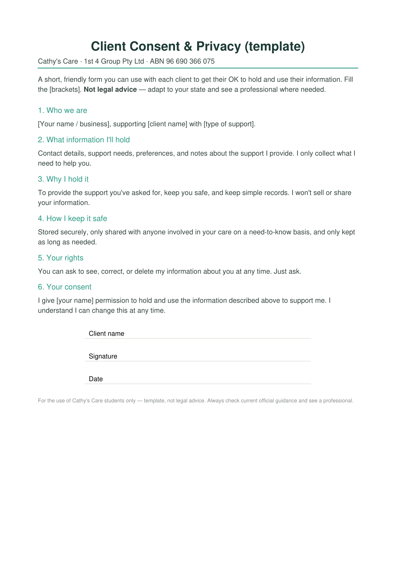 Client consent and privacy form
