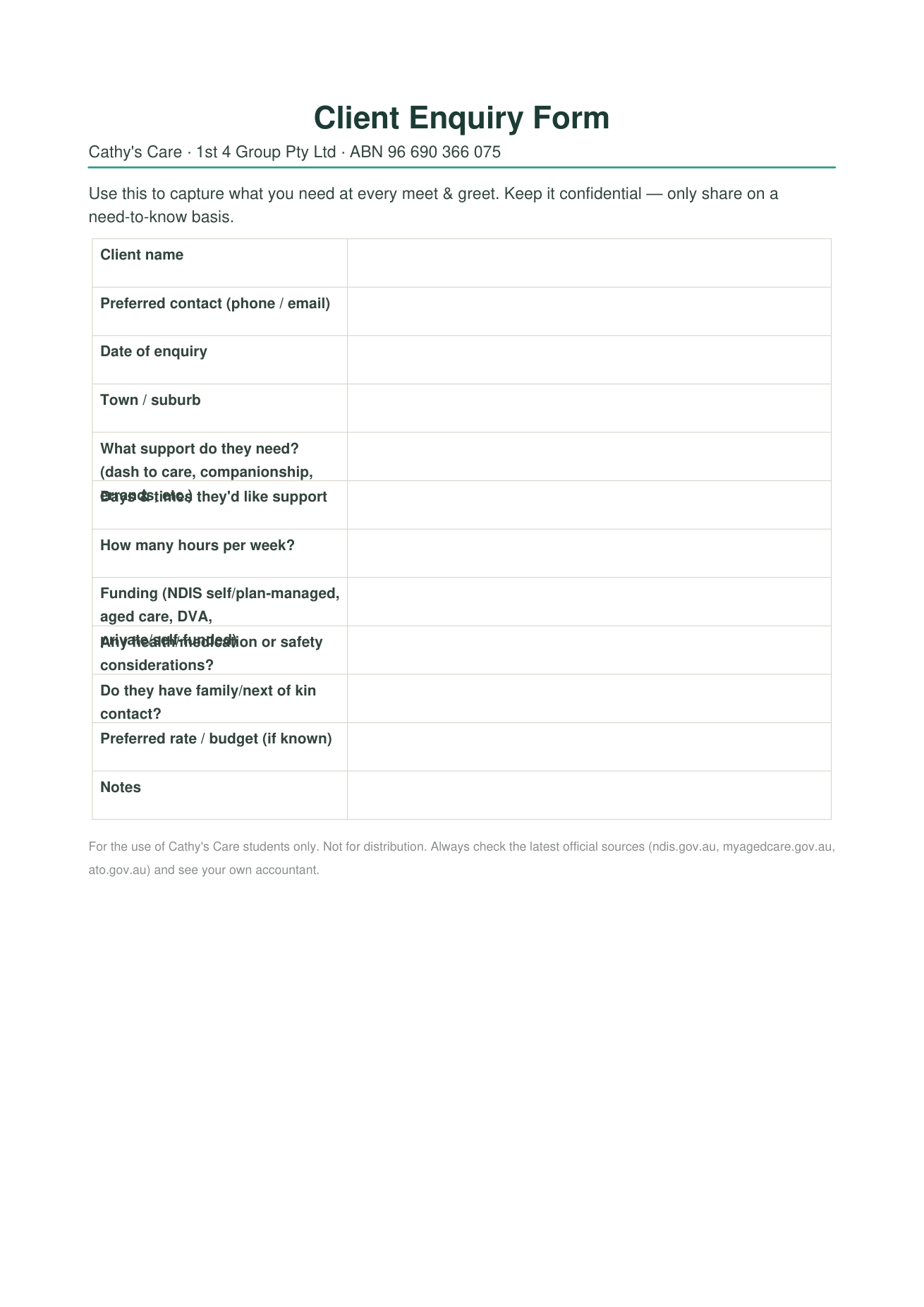 Client enquiry form template